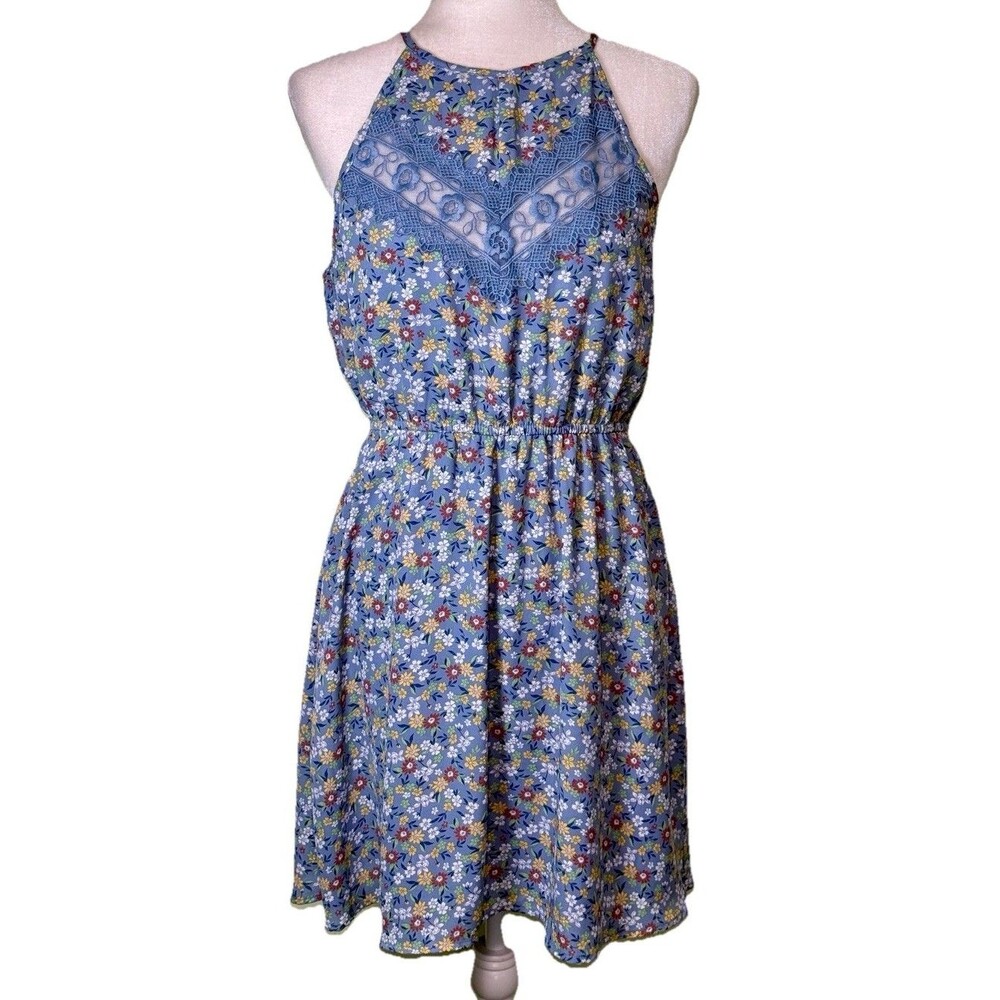 Women Blue Floral Sundress Lace Inset Elastic Waist Cottagecore Summer Dress Med